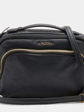 Tumi Black Leather Crossbody with Gold Zipper Accents